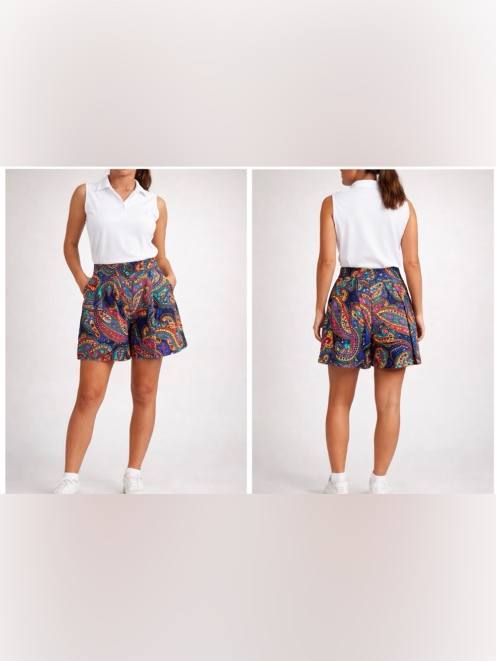 Vintage Hanasport Paisley Golf Shorts High Waist USA Made Colorful Retro Size 10